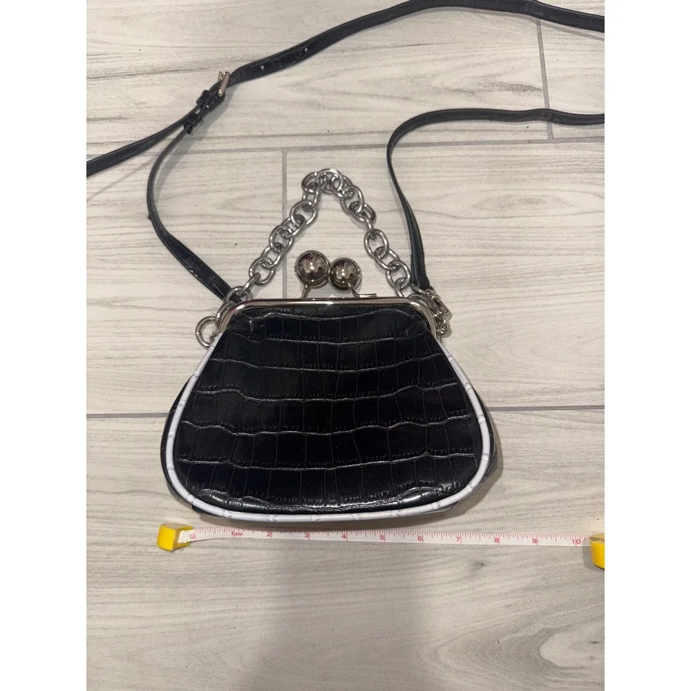 Dirty Six Black Croc Embossed Mini Kiss Lock Crossbody Bag with Chain Handle